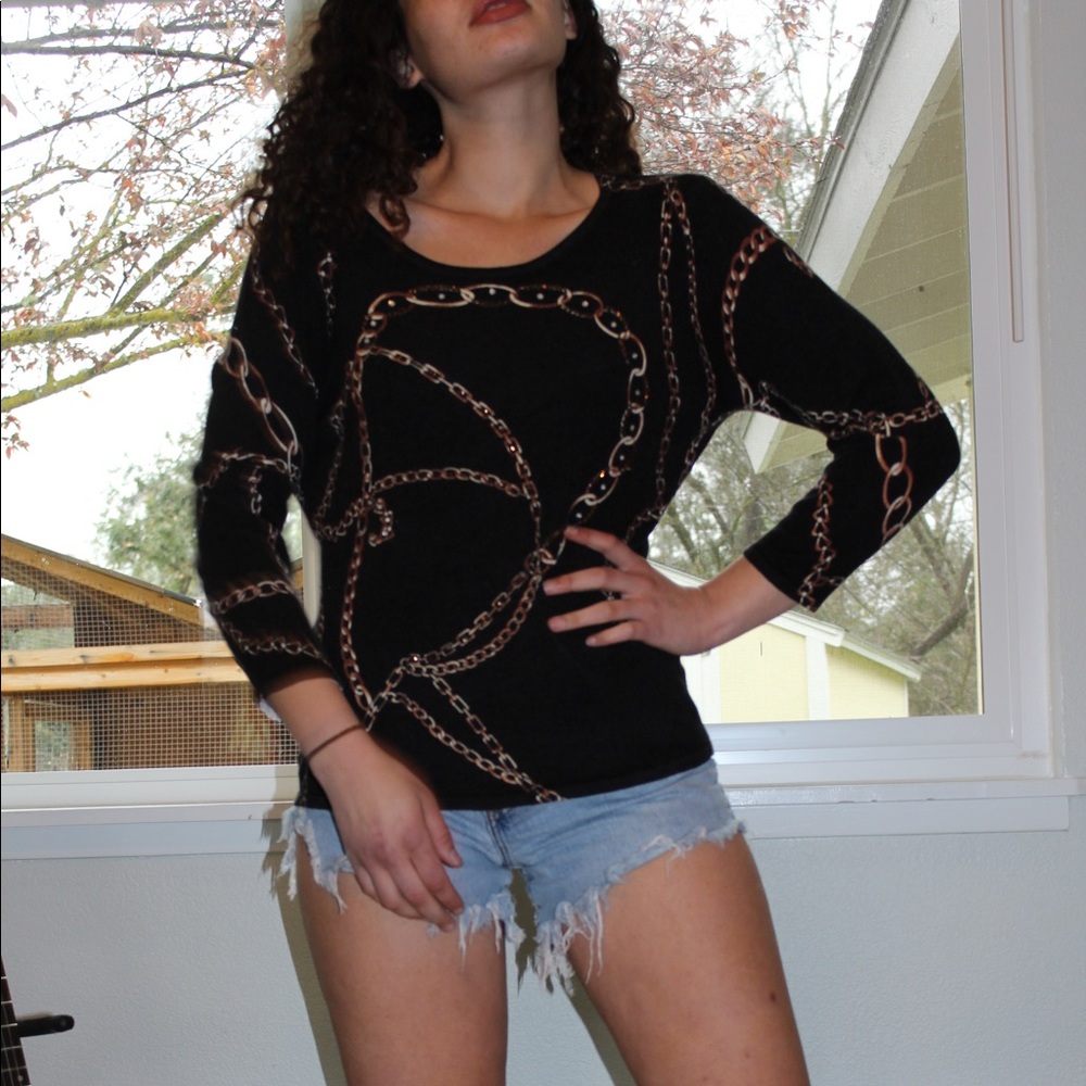Vintage Black Retro Beaded Chain Printed Sweater ⛓